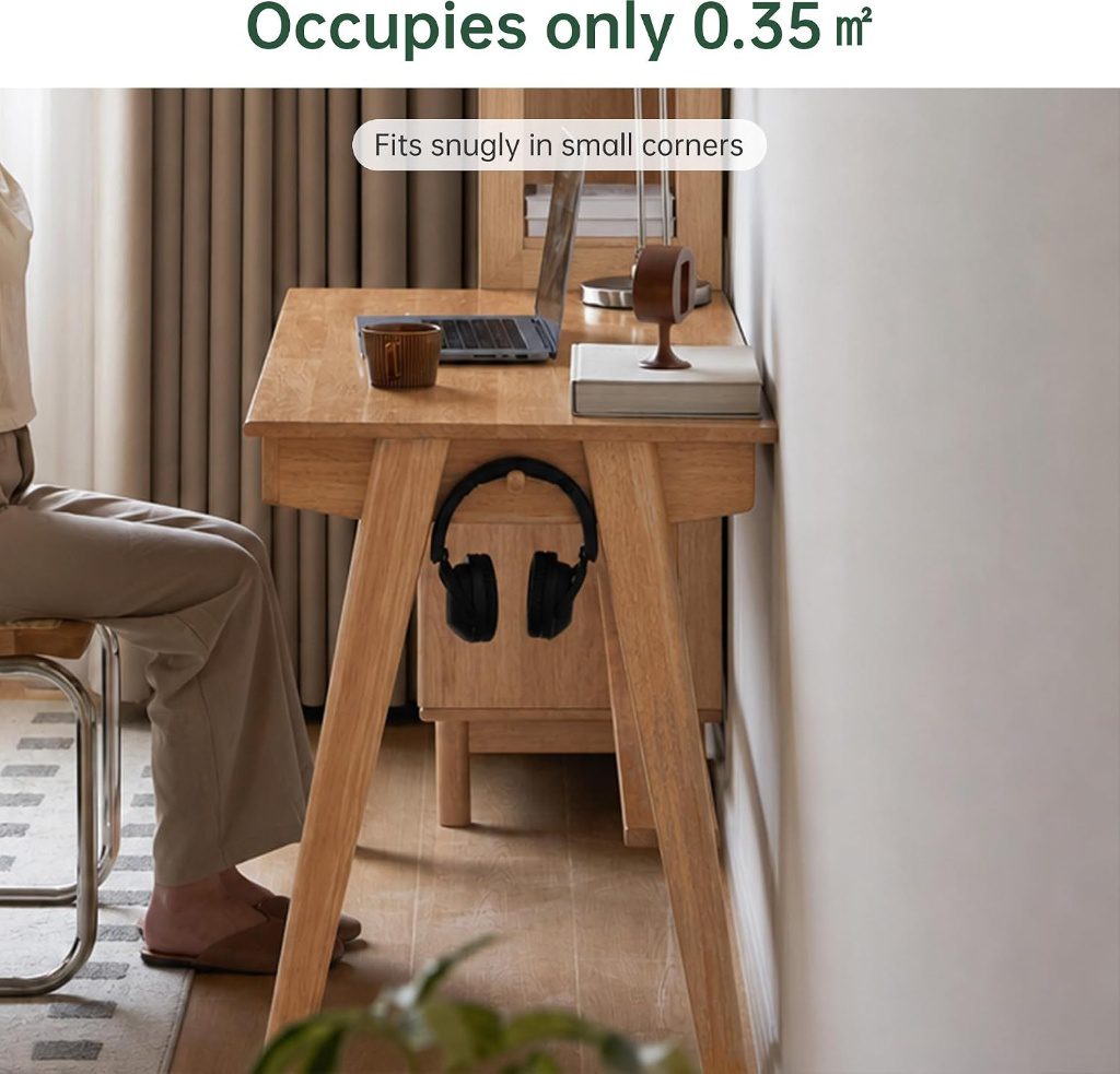 Desk fitted into a small corner beside a window, occupying 0.35 square meters