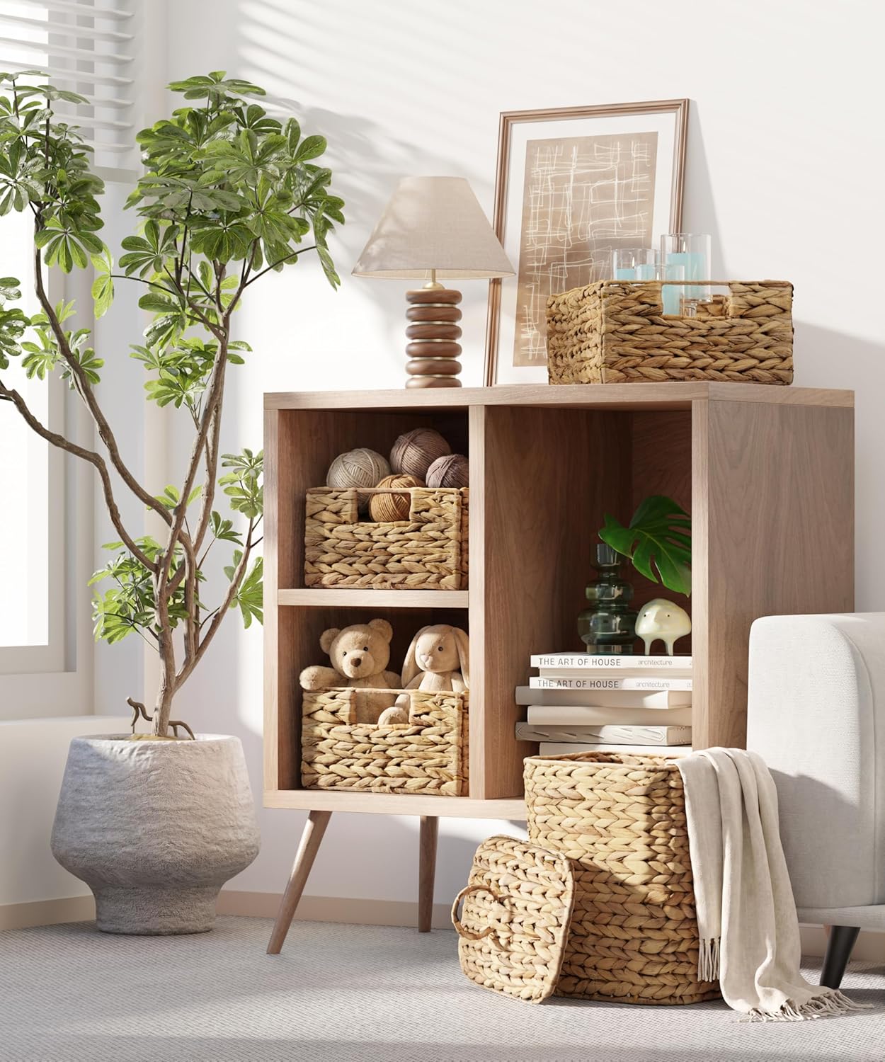 Water hyacinth woven storage baskets on a shelf