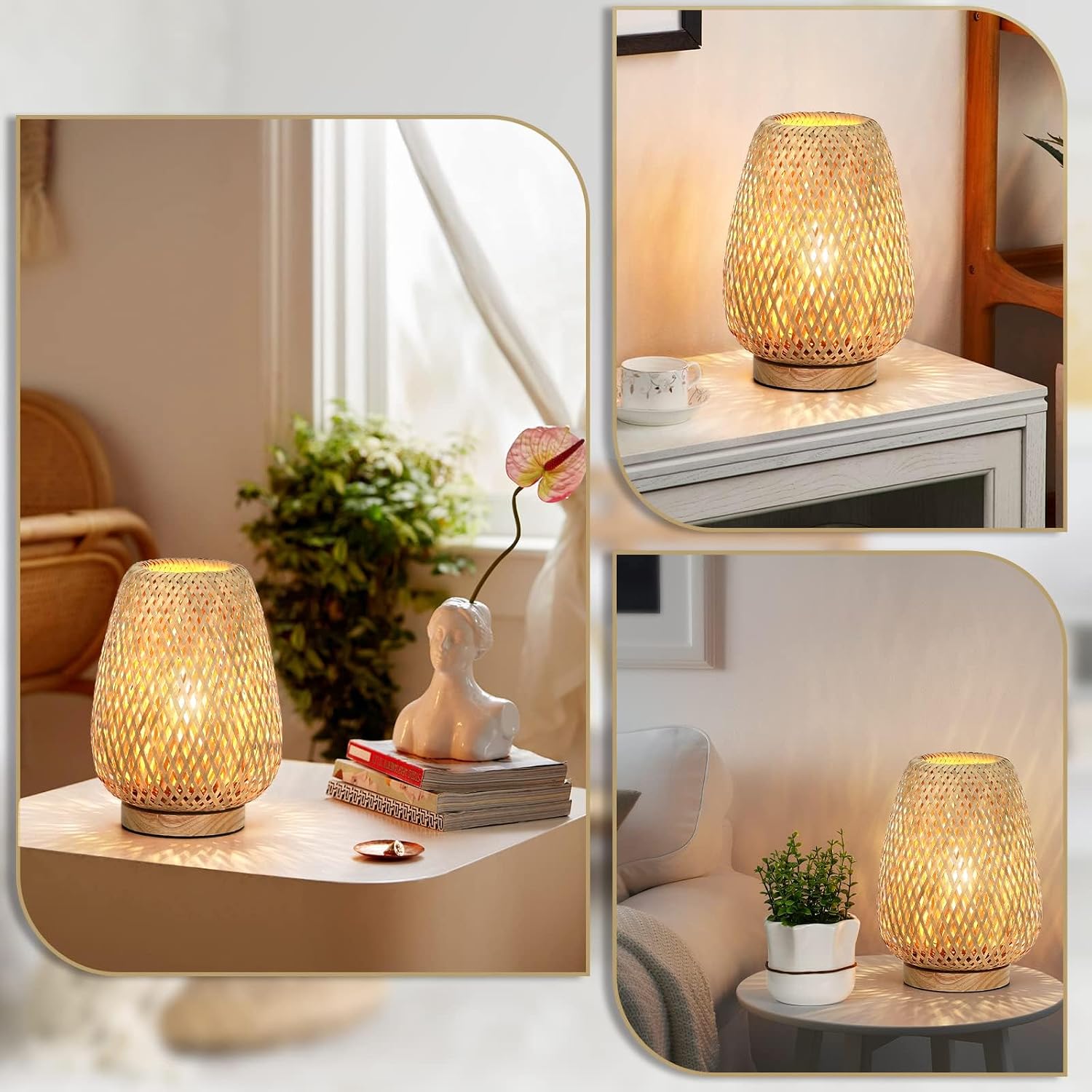 Woven rattan table lamp glowing warm light on a desk